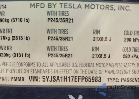 2014 Tesla Model S P85 z USA, uszkodzony, nr VIN 5YJSA1H17EFP65983